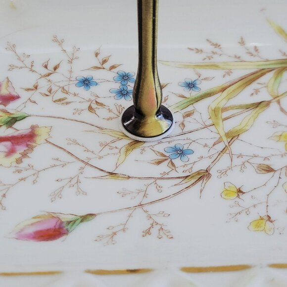 Unique Mismatched 2-Tiered Dessert Stand, Floral & Iridescent Orange Glass - Picture 15 of 16